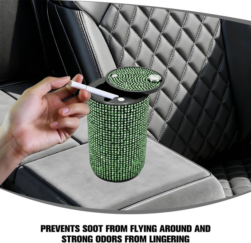 FALVFUN Bling Car Ashtray, Rhinestones Smokeless Smell Proof Vehicle Cup Holder Ash Tray with Lid, Sparkling Diamond Portable Automotive Interior Ashtray, Universal for SUV RV Truck (Green) - Image 3
